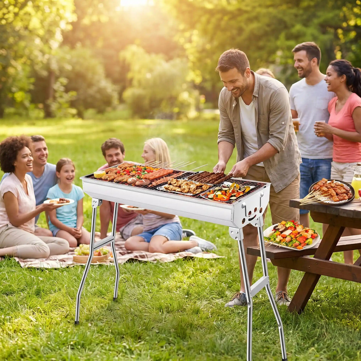Barbecue au charbon papa tourne les brochettes au parc.