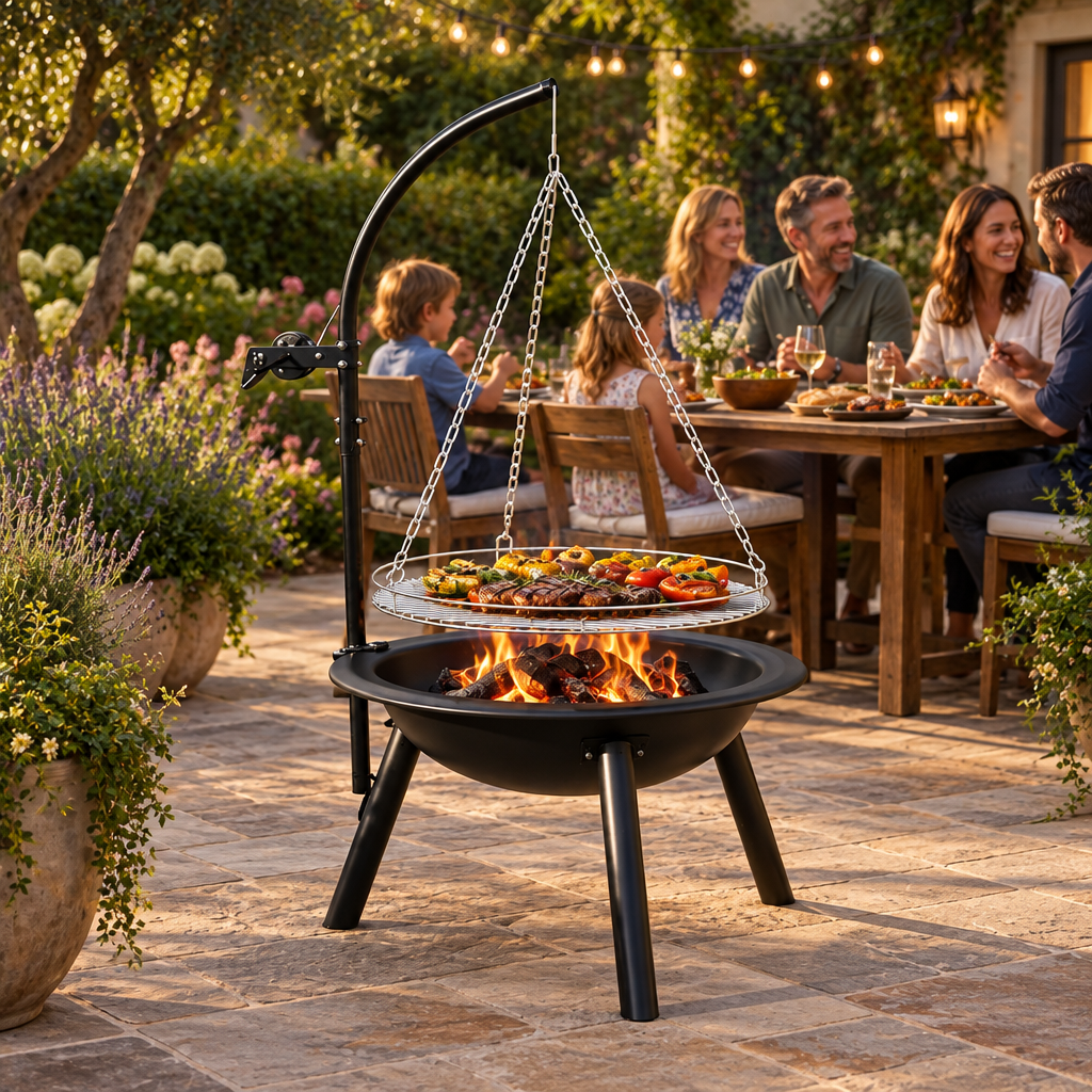 Brasero barbecue extérieur avec famille et invités autour d`un repas convivial.