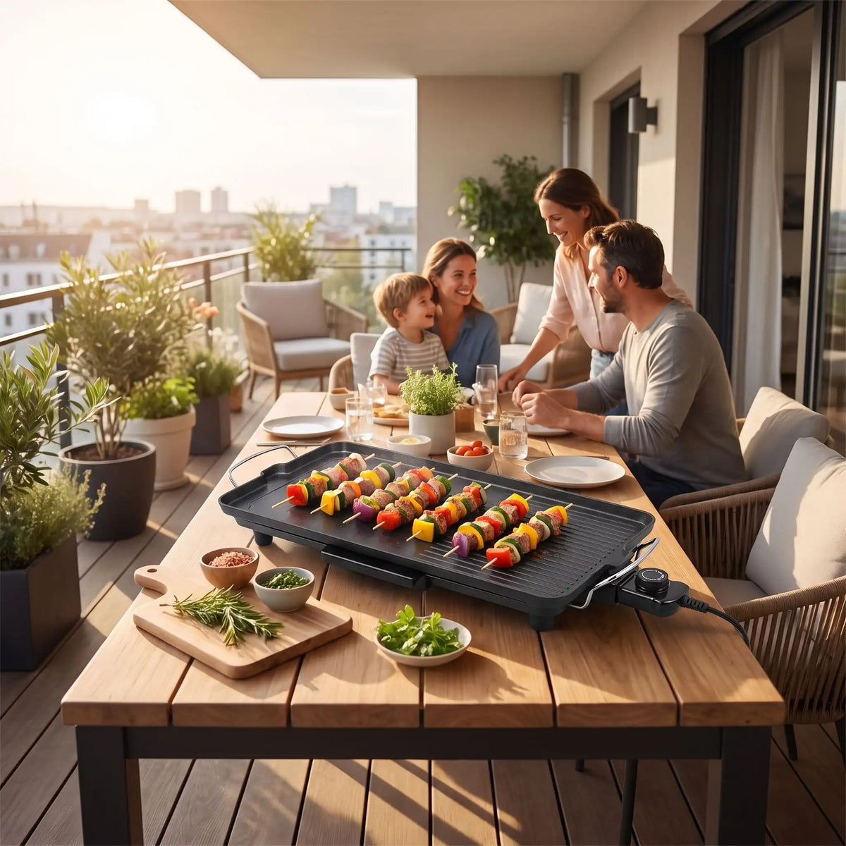 Barbecue électrique famille et proches sur le balcon.