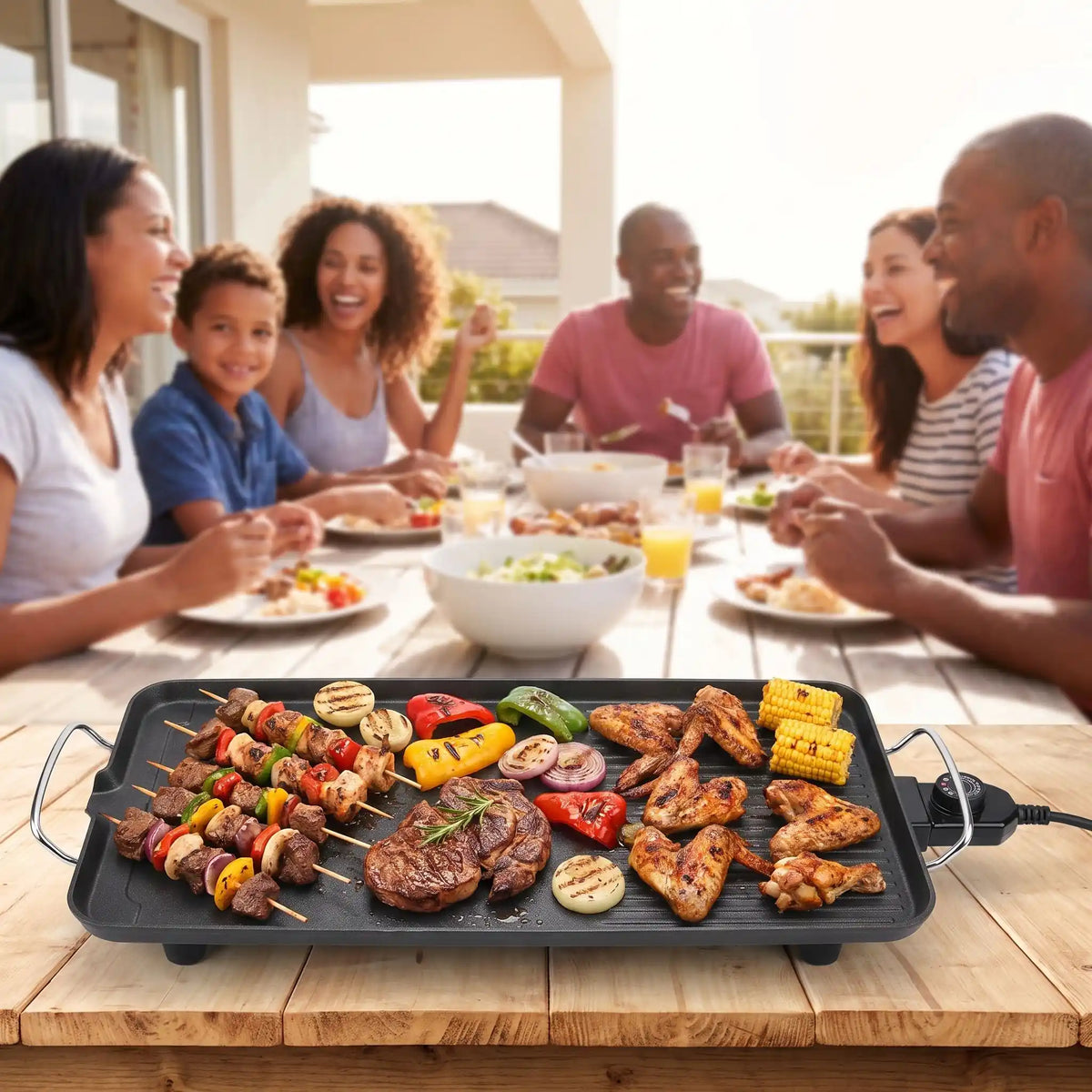Barbecue électrique rempli de grillades famille et amis assis autour de la table sur la terrasse.