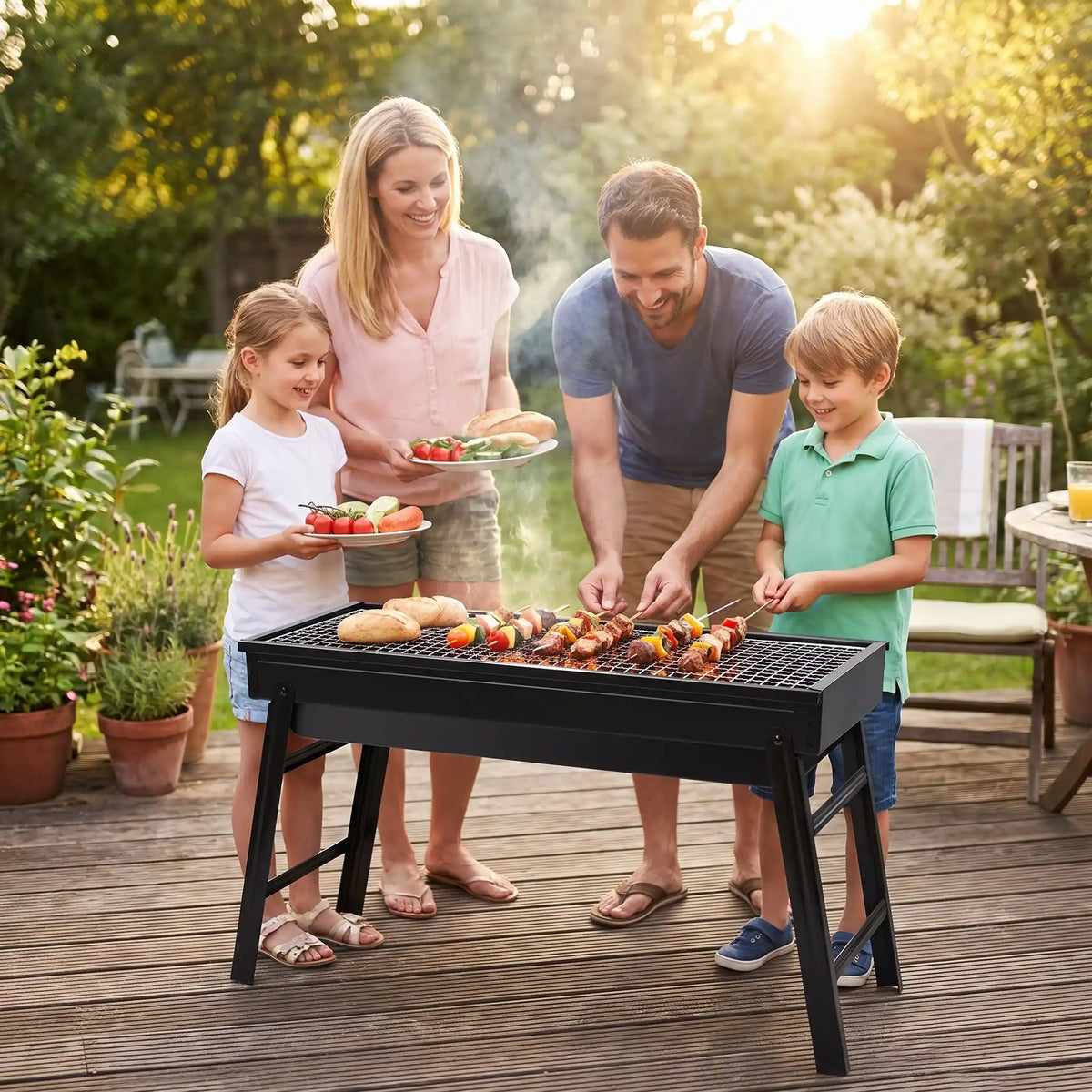 Barbecue à charbon famille réunie papa qui tourne les brochettes 75c1a5c3-c2f4-475f-97f3-6a741dc6ca29