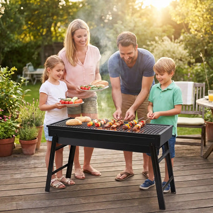 Barbecue à charbon famille réunie papa qui tourne les brochettes 75c1a5c3-c2f4-475f-97f3-6a741dc6ca29