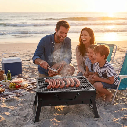 Barbecue charbon de bois famille réunie à la plage.