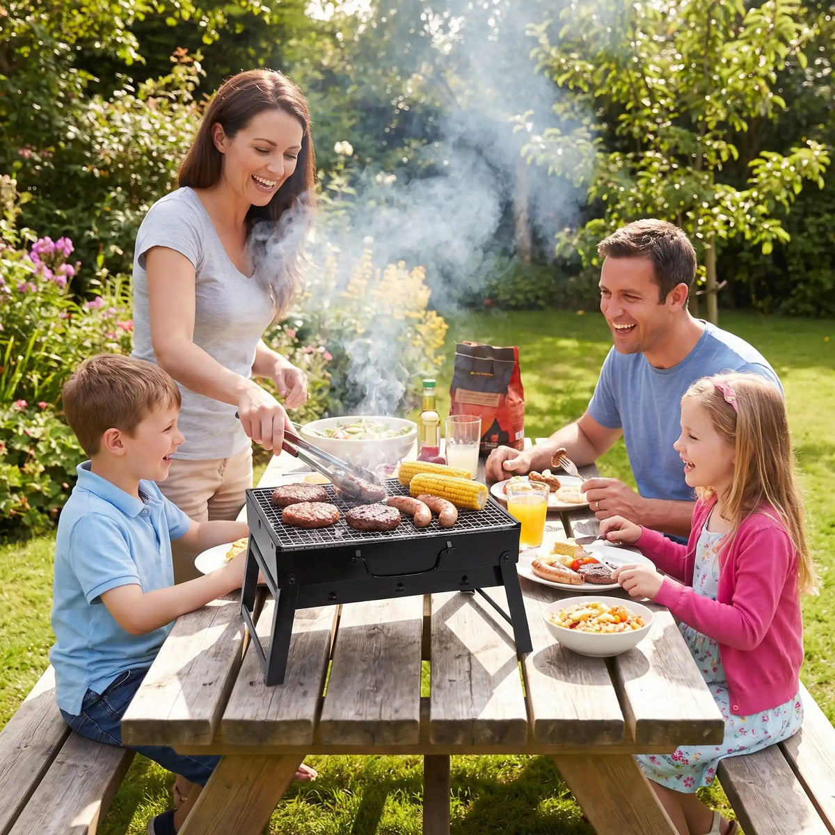 Barbecue charbon de bois famille réunie dans le jardin.