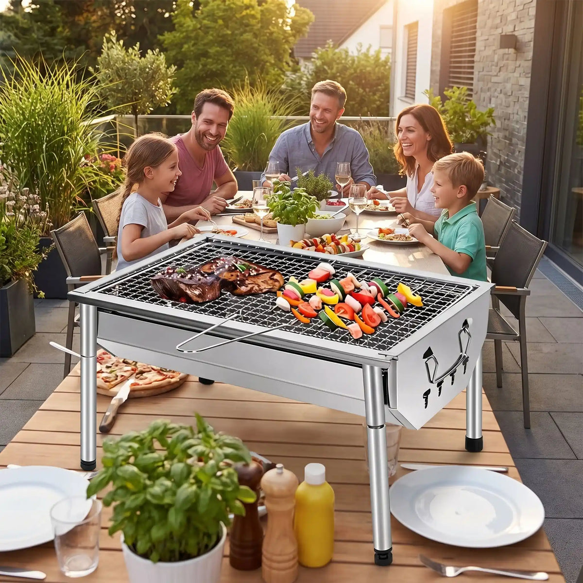 Barbecue charbon de bois rempli de grillades famille au dehors.