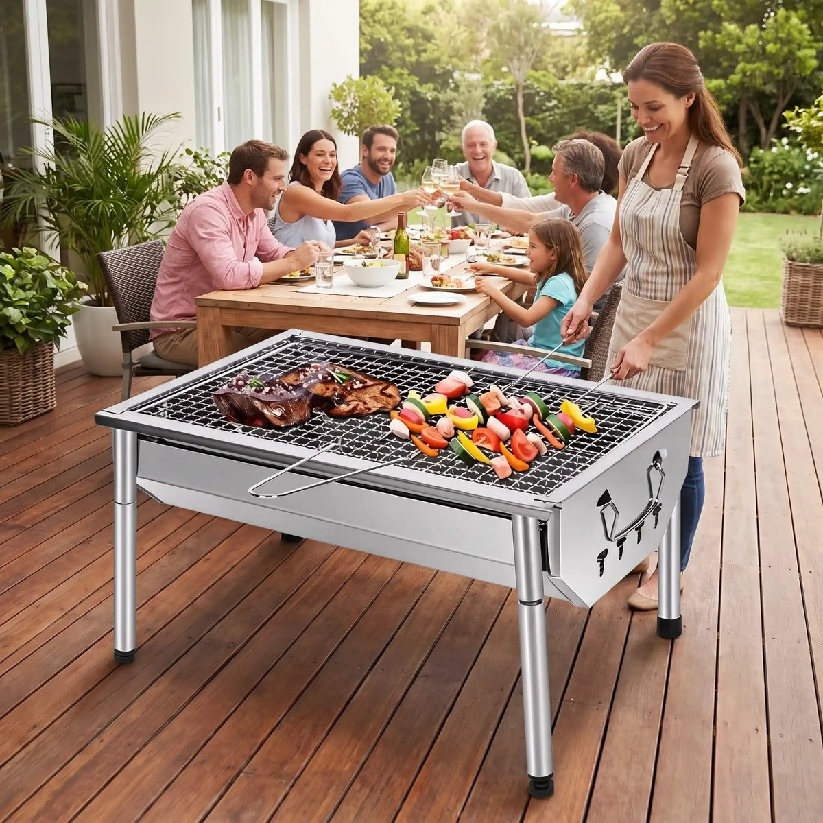 Barbecue charbon de bois famille et amis sur la terrasse maman tourne les brochettes. 