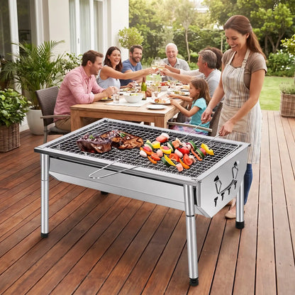 Barbecue charbon de bois famille et amis sur la terrasse maman tourne les brochettes. 