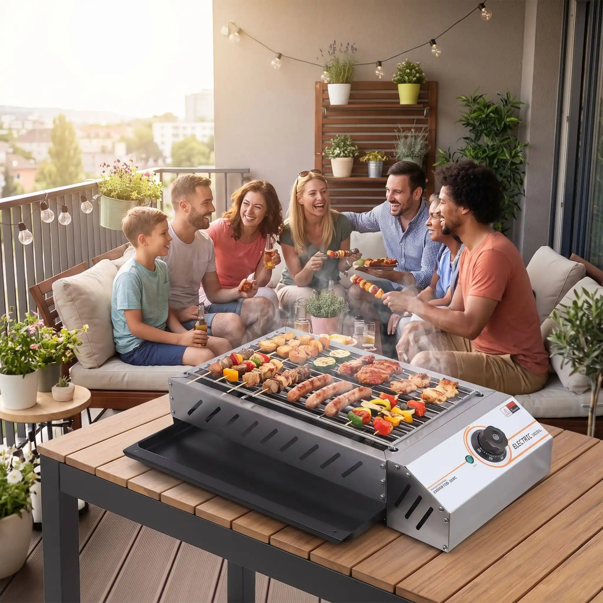 Barbecue électrique de table famille et amis souriants dégustent des grillades sur le balcon.