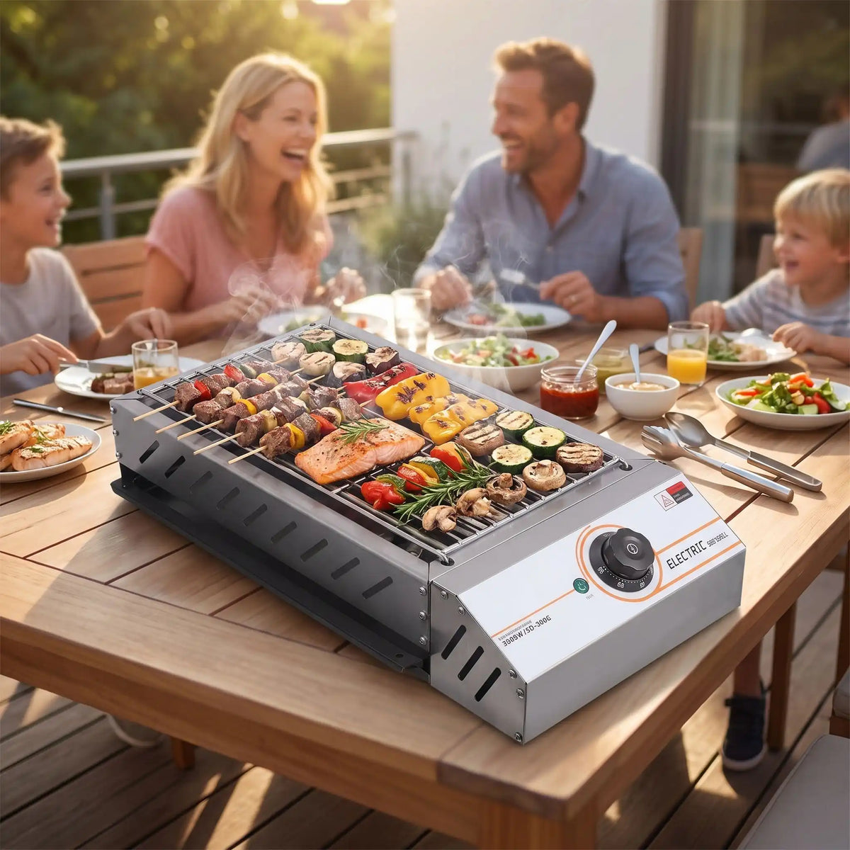 Barbecue électrique de table rempli de viande de poissons et de légumes famille sur la terrasse.