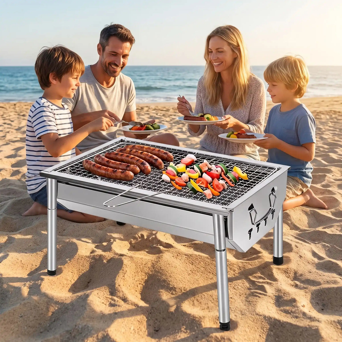 Barbecue charbon de bois avec des merguez famille sur la plage.