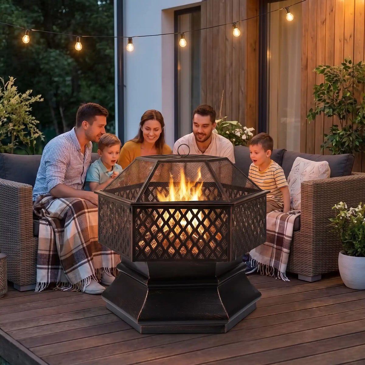 Brasero barbecue famille réunie installée dehors les enfants émerveillés par le feu.