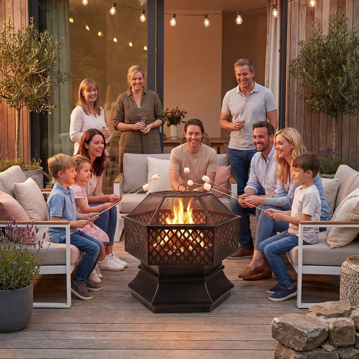 Brasero barbecue placé au milieu de la terrasse entouré d`une dizaine de personnes les enfants grillent des chamallows