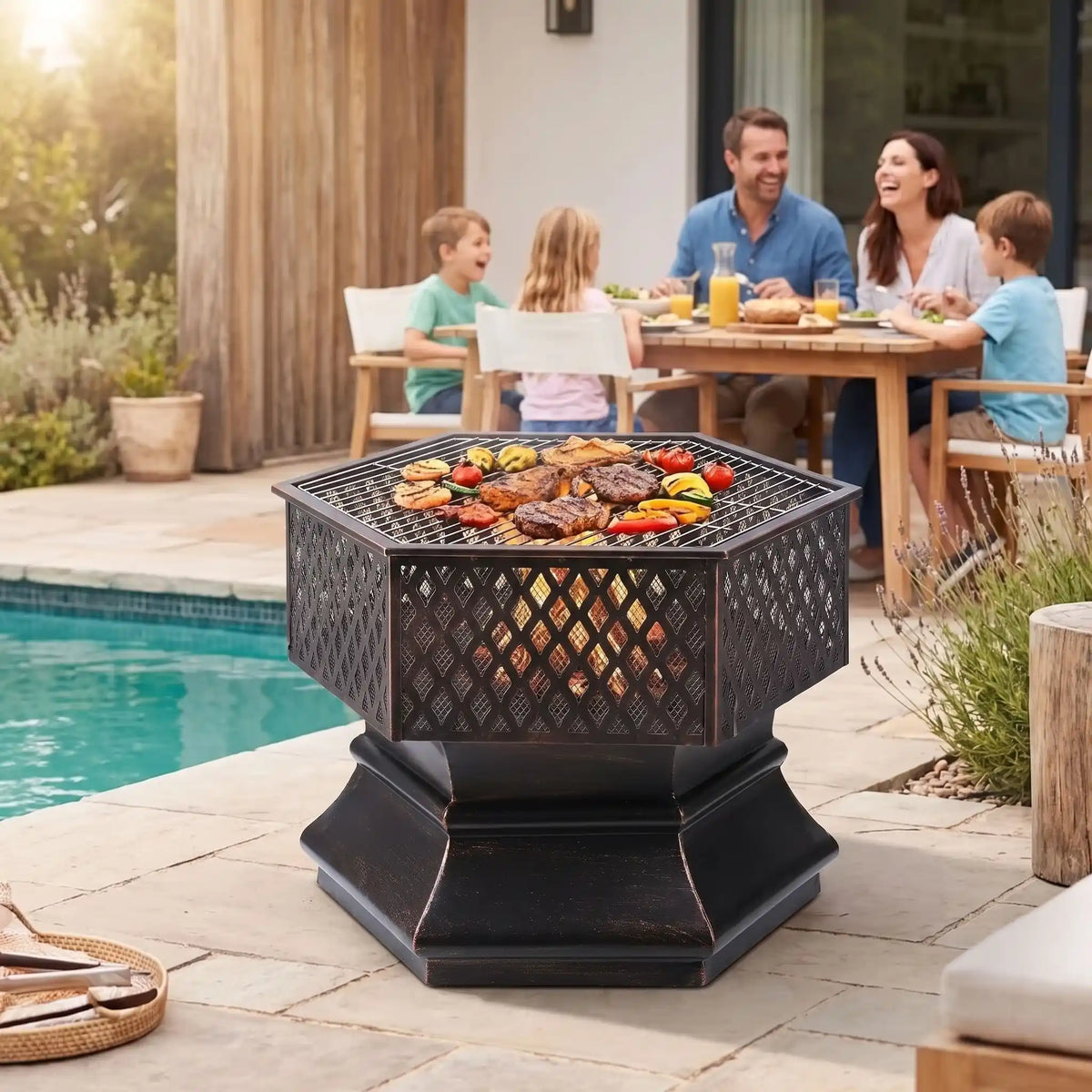 Brasero barbecue muni de sa grille de 57/57 cm pour les grillades près de la piscine famille joyeuse.