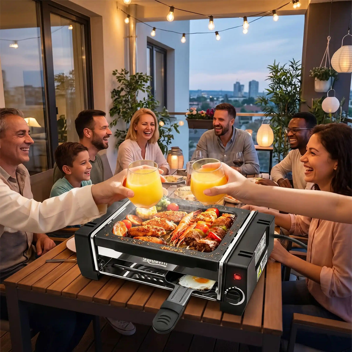 Petit barbecue électrique famille et amis sur le balcon maman tourne les brochettes.