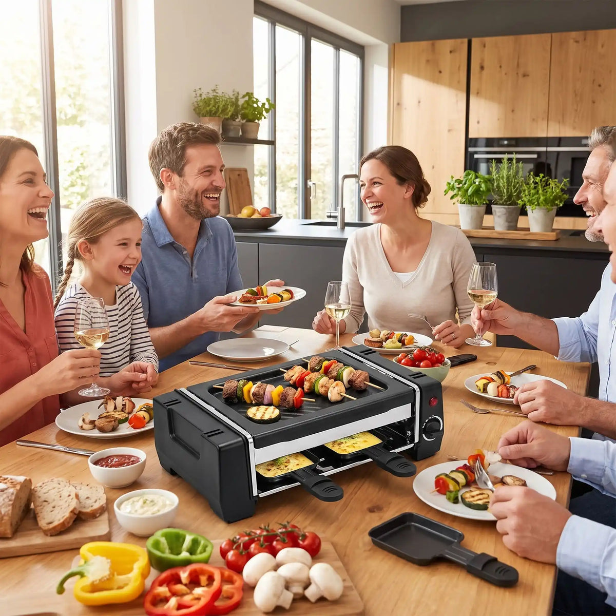 Petit barbecue électrique famille et invités dégustent des grillades et de brochettes.