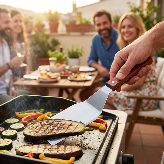 Amis faisant griller des légumes avec la spatule de référence.