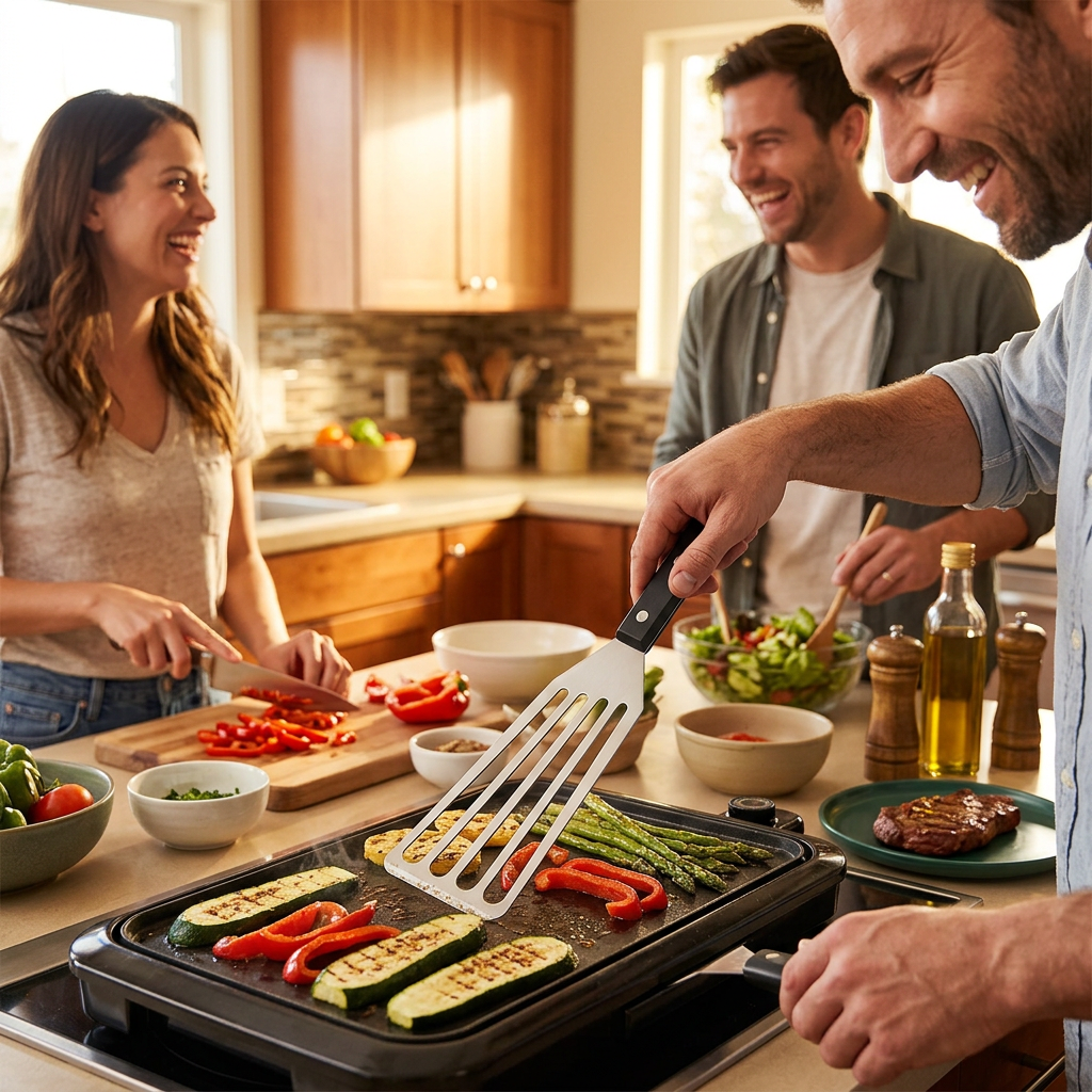 Amis préparant des légumes avec la spatule.