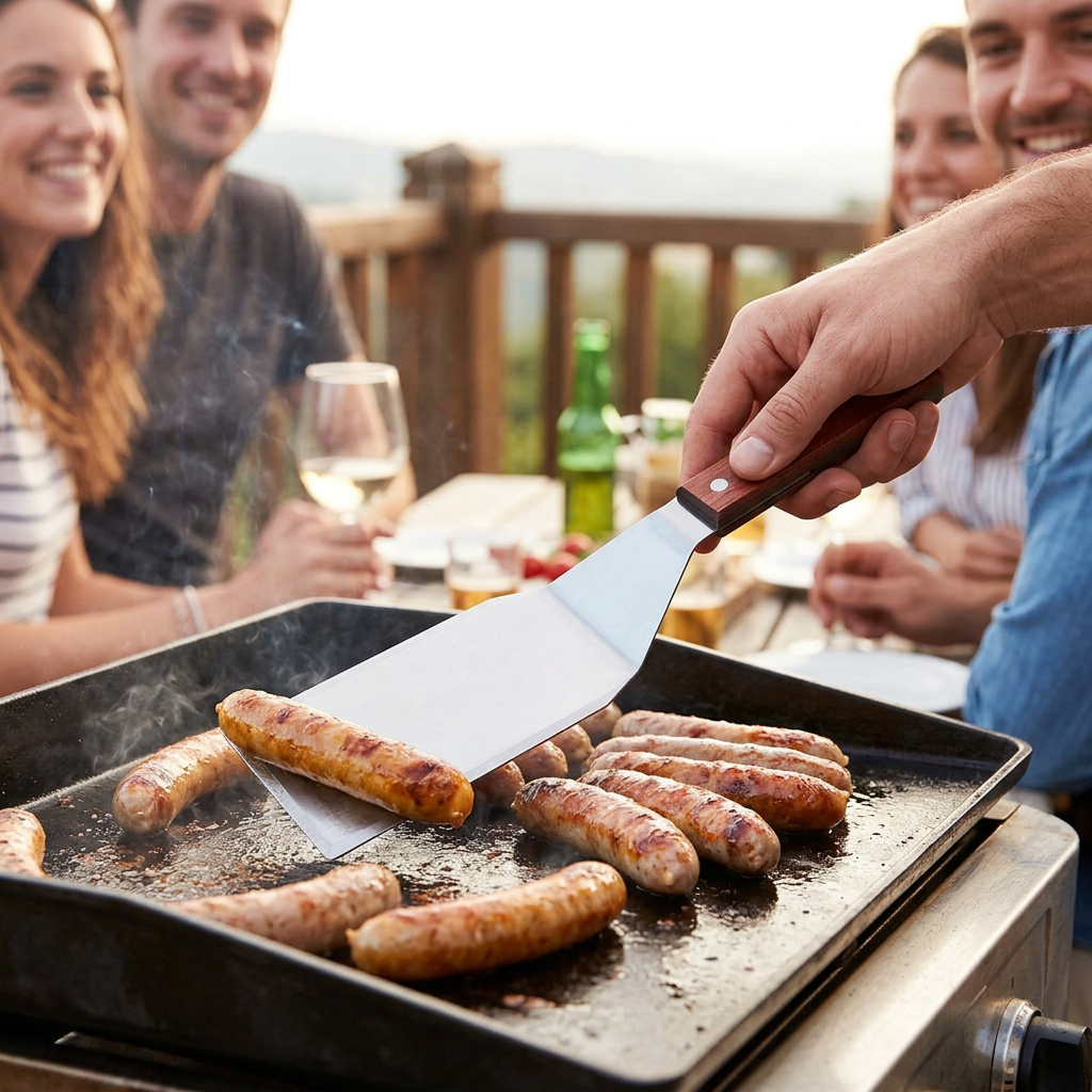 Amis préparant des saucisses avec la spatule inox mache en bois.