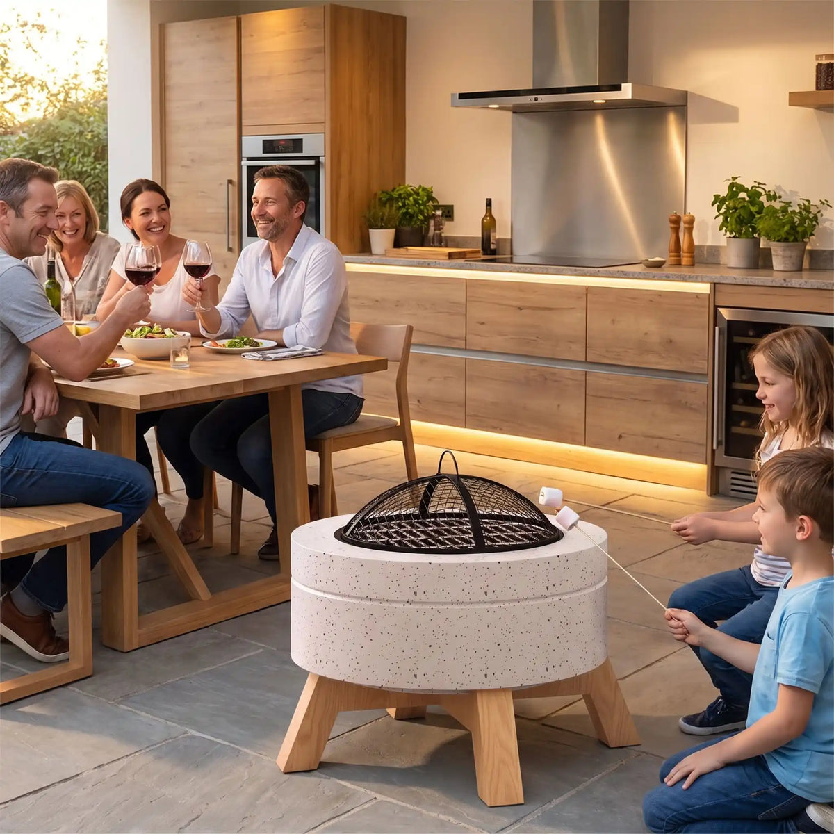Barbecue brasero à la cuisine les adultes finissent leur verre les enfants grillent des chamallows.
