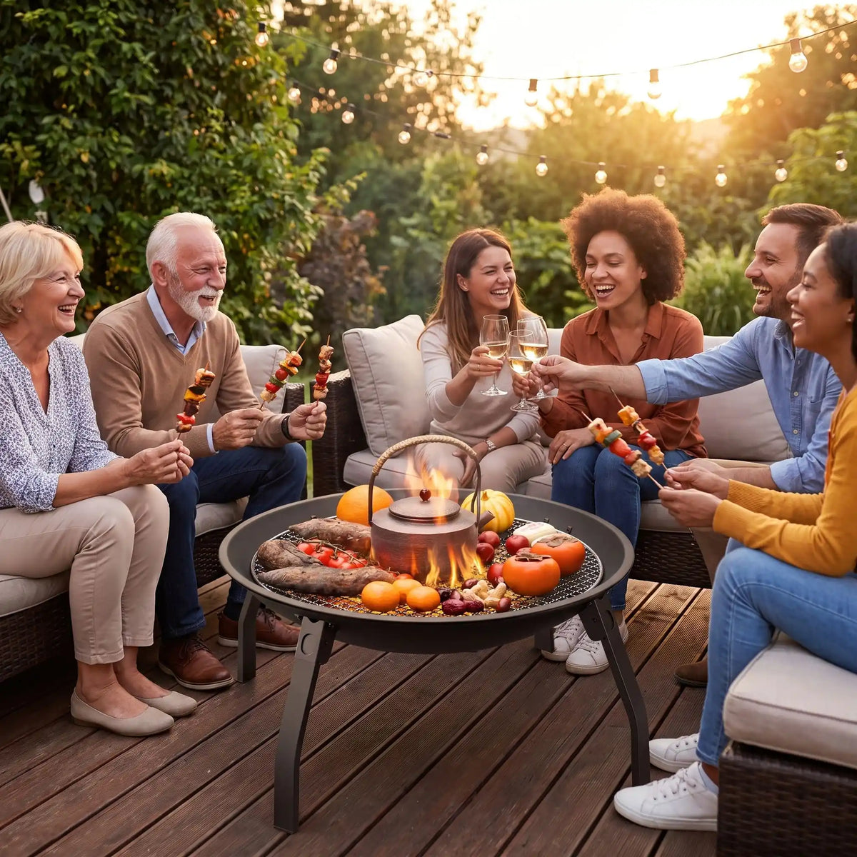 Barbecue brasero plan famille et amis dégustent des brochettes en plein air jpg