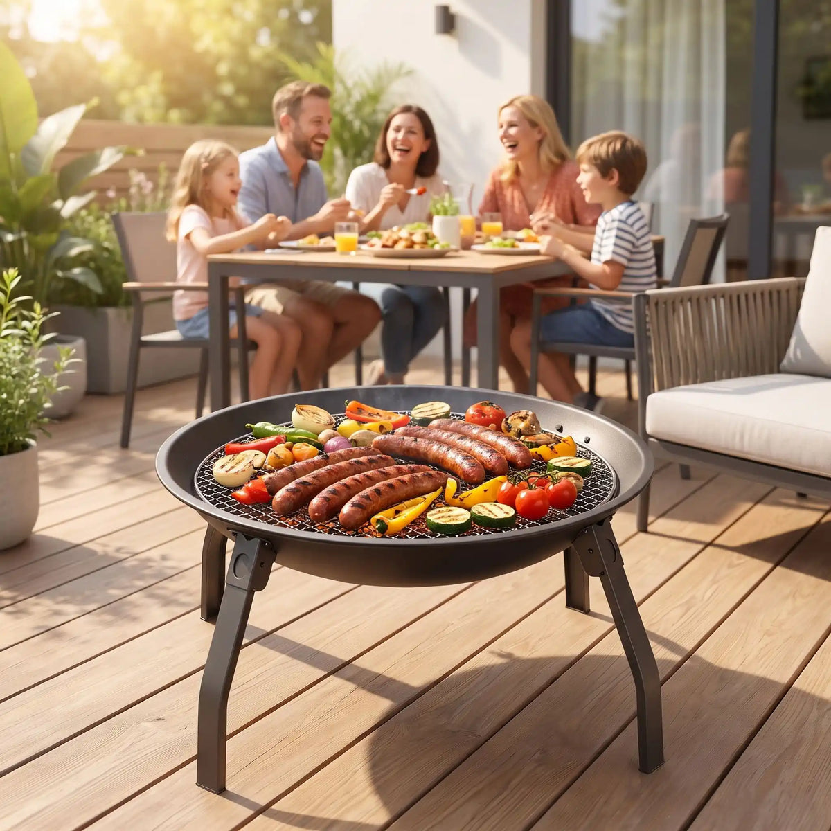 Barbecue brasero plan rempli de merguez et des légumes grillés famille sur la terrasse jpg