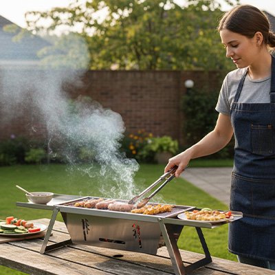Barbecue charbon maman qui tourne les saucisses.
