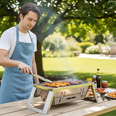 Barbecue charbon papa qui tourne les poulets.