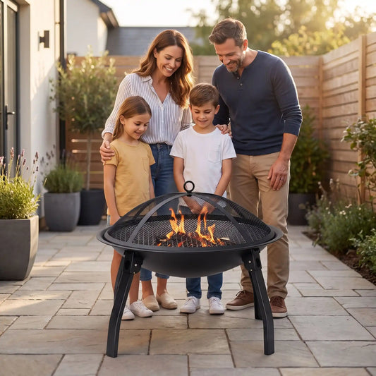 Barbecue plancha bras famille et enfant sur la cour regardent les braises danser.