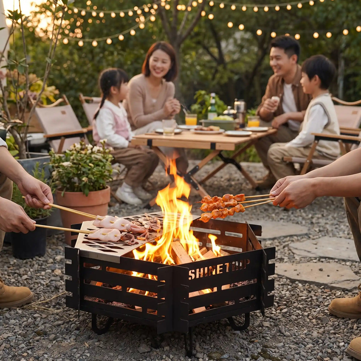 Brasero barbecue plan famille réunie dans le jardin .