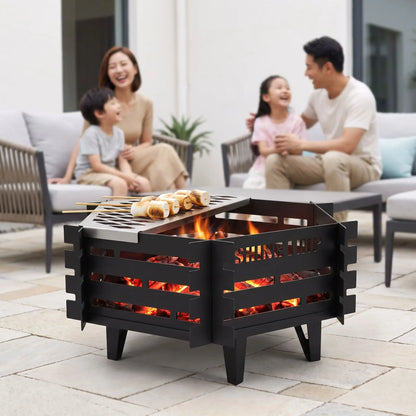 Brasero barbecue plan les braises rougeoient, les marshmallows grillent, famille joyeuse sur la cour.
