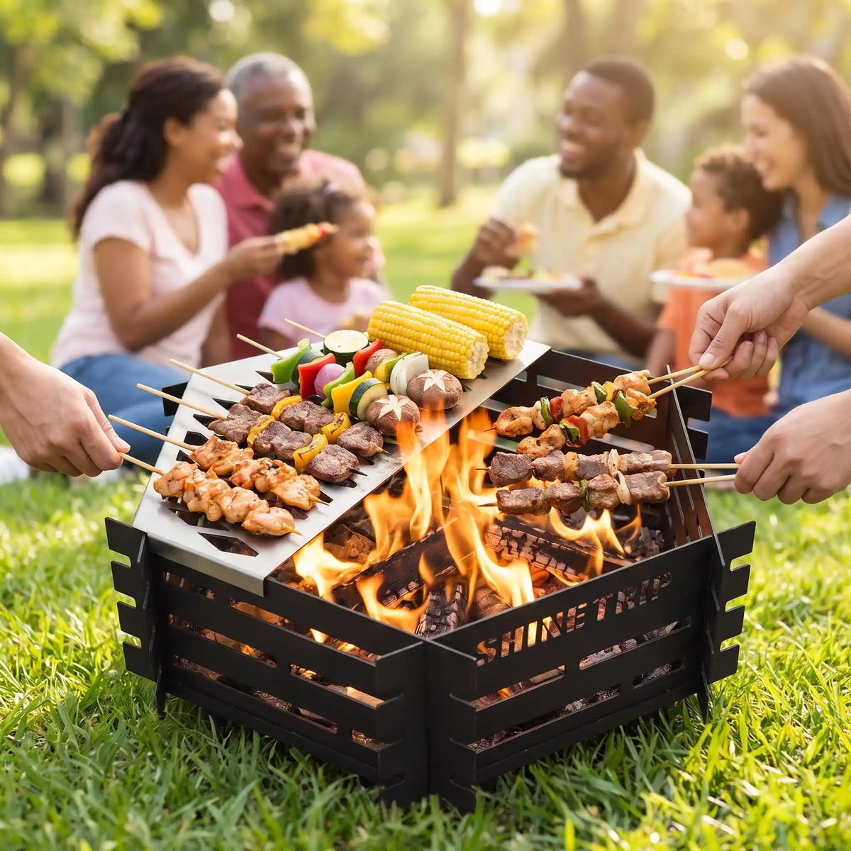 Brasero barbecue plan rempli de brochettes et de légumes ,famille et amis réunis au parc.
