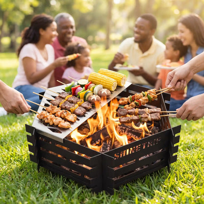 Brasero barbecue plan rempli de brochettes et de légumes ,famille et amis réunis au parc.