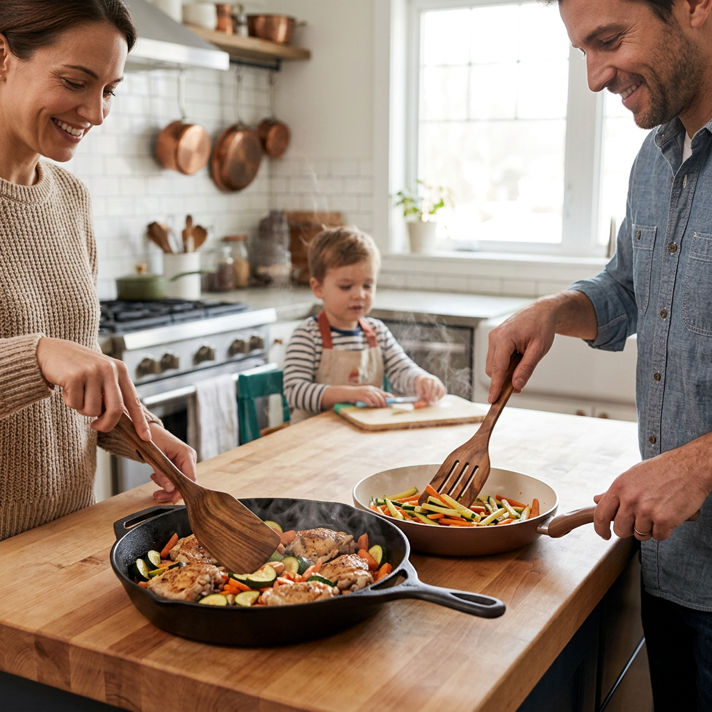 Famille cuisinant du poulet et des légumes avec les spatules en bois de référence.