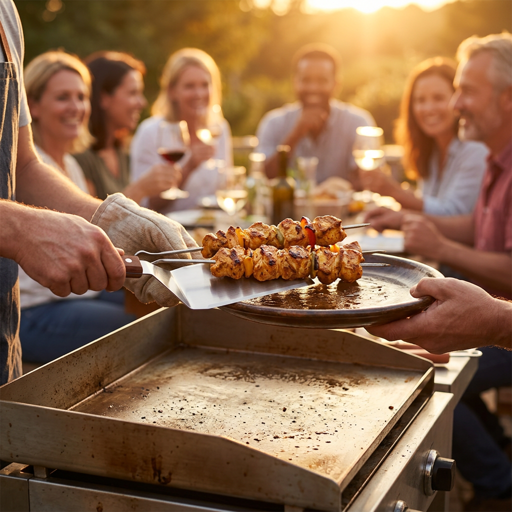 Famille et amis préparant des brochettes avec la spatule inox manche en bois.