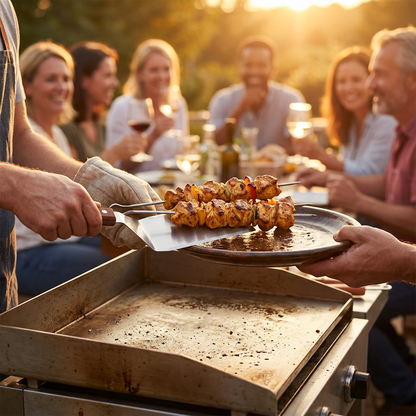 Famille et amis préparant des brochettes avec la spatule inox manche en bois.