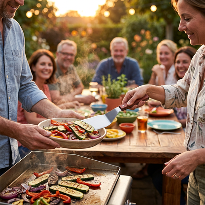 Famille et amis servant des légumes avec la spatule de référence.