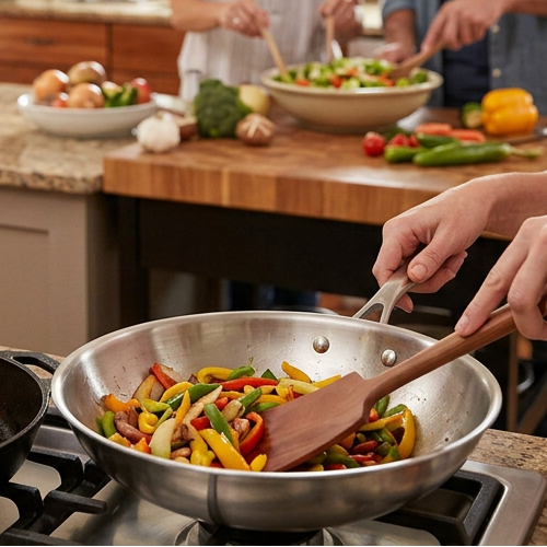 Famille et invités cuisinant avec les spatules en bois.