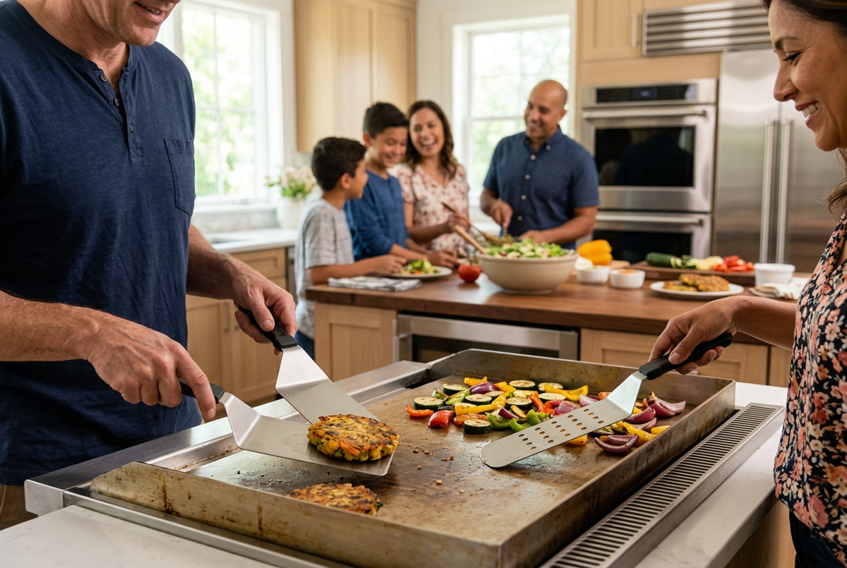 Famille et invités cuisinant la plancha avec les deux spatules métalliques.