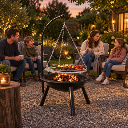 Famille souriante réunie autour du brasero dans le jardin.