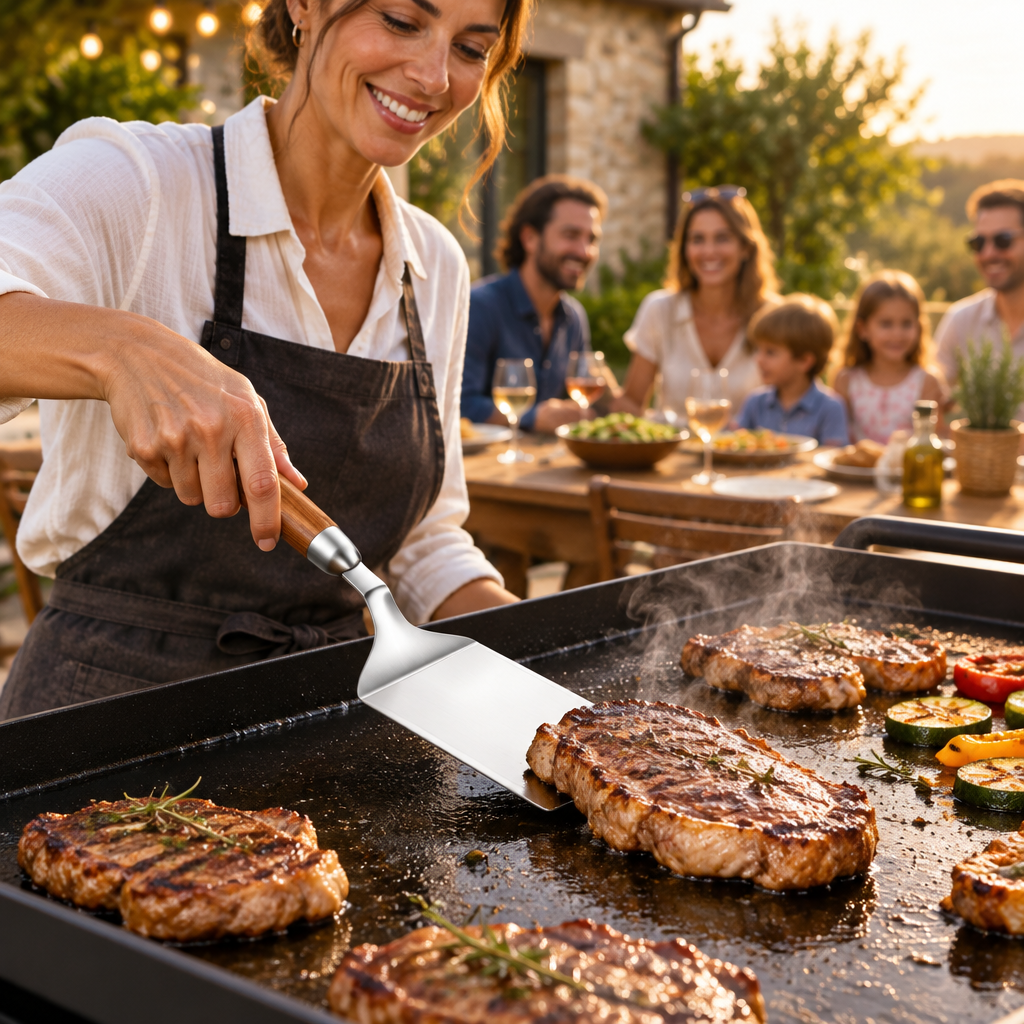 Maman retourne de la viande avec une spatule manche en bois sur une terrasse en compagnie de sa famille et de ses amis.