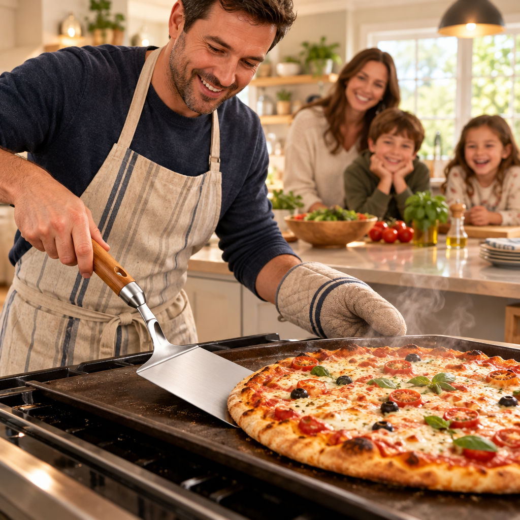 Papa tourne une pizza chaude avec une spatule manche en bois entourée de sa famille dans la cuisine.