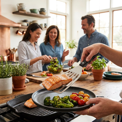 Préparant conviviale de saumon avec la spatule.