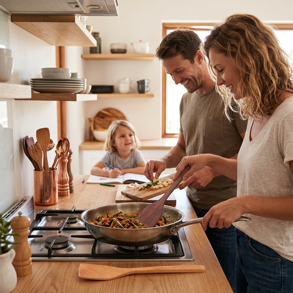 Préparation d`un repas en famille avec les spatules en bois.