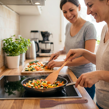 Préparation de légumes avec les spatules en bois.