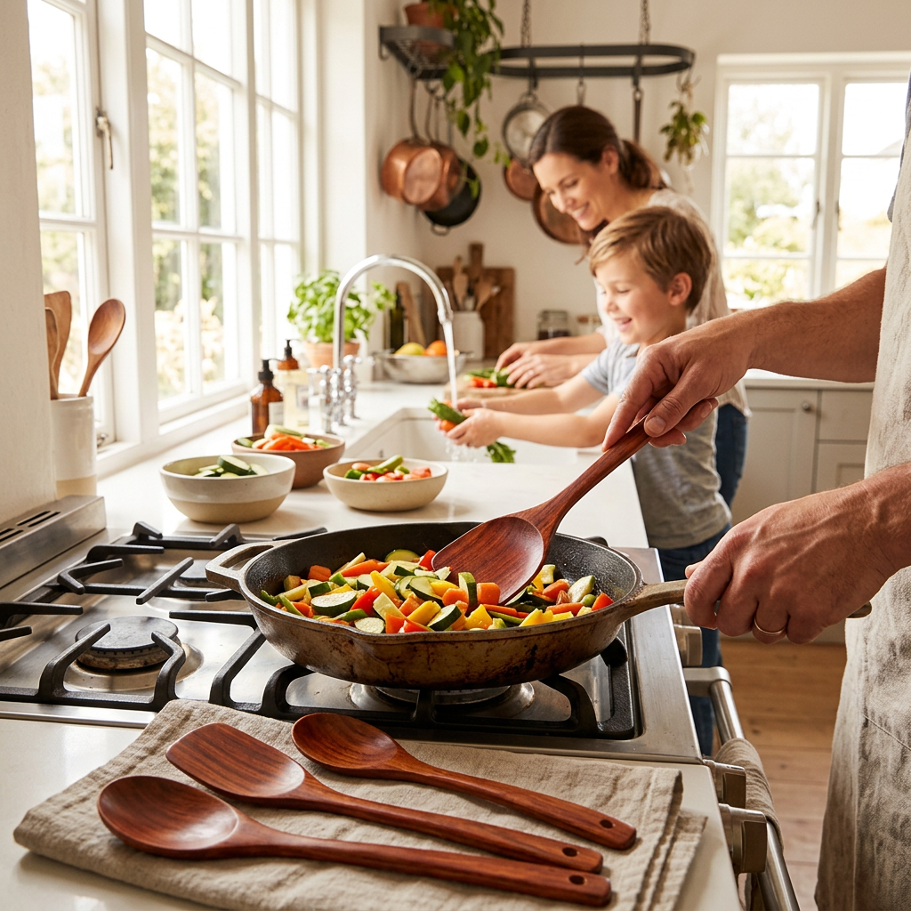 Préparation de légumes en famille.