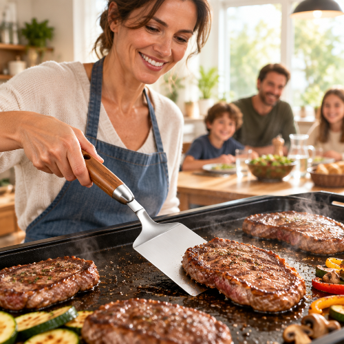 Une maman retourne des steaks avec une spatule manche en bois pour sa famille.